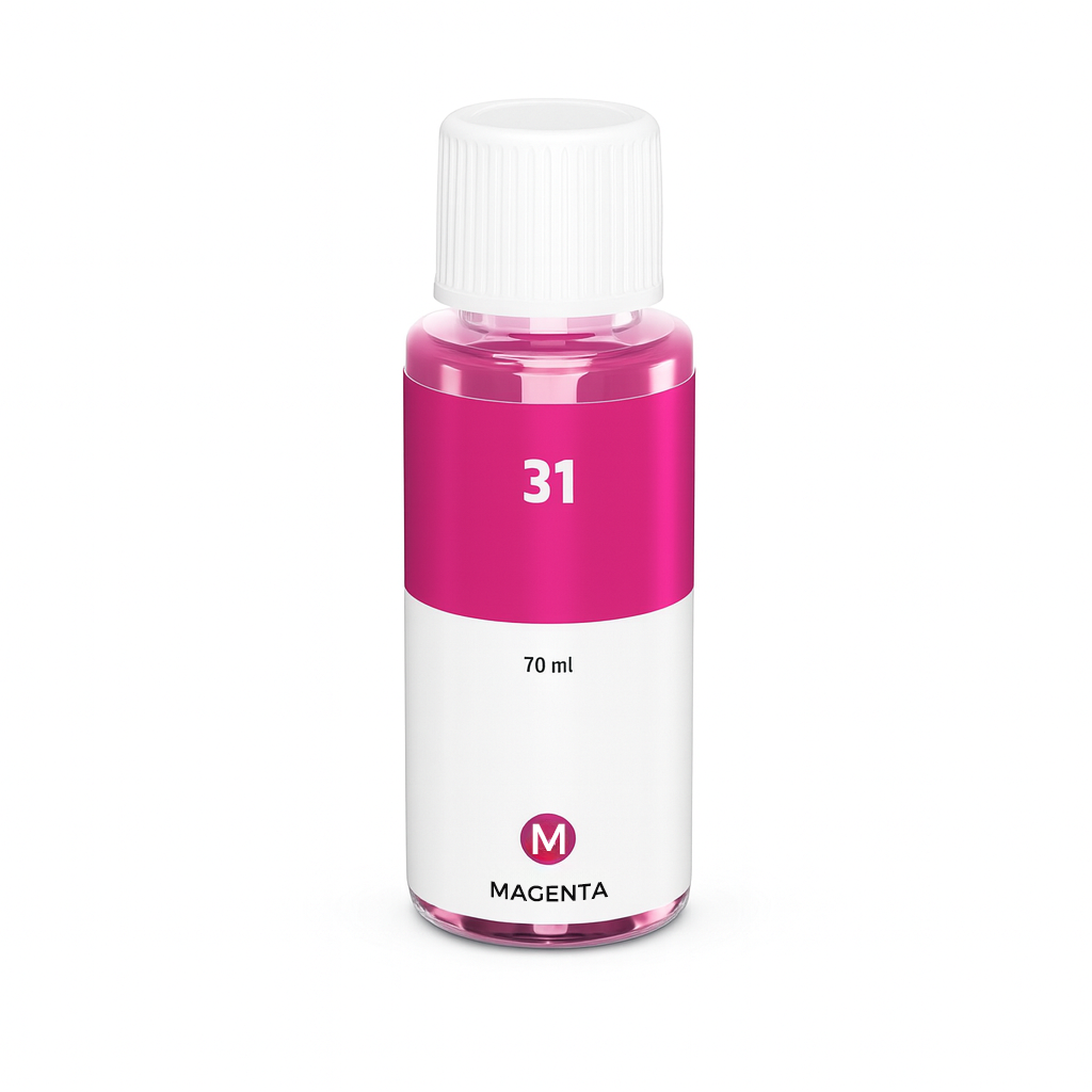 HP 31 (1VU27AE) kompatible Tintenpatrone Magenta Flasche, 70 ml hochwertige Druckertinte für lebendige Farben, ideal für professionellen Druck.