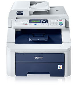 Brother DCP-9010CN multifunctional color laser printer with print, copy, scan features, and network interface.