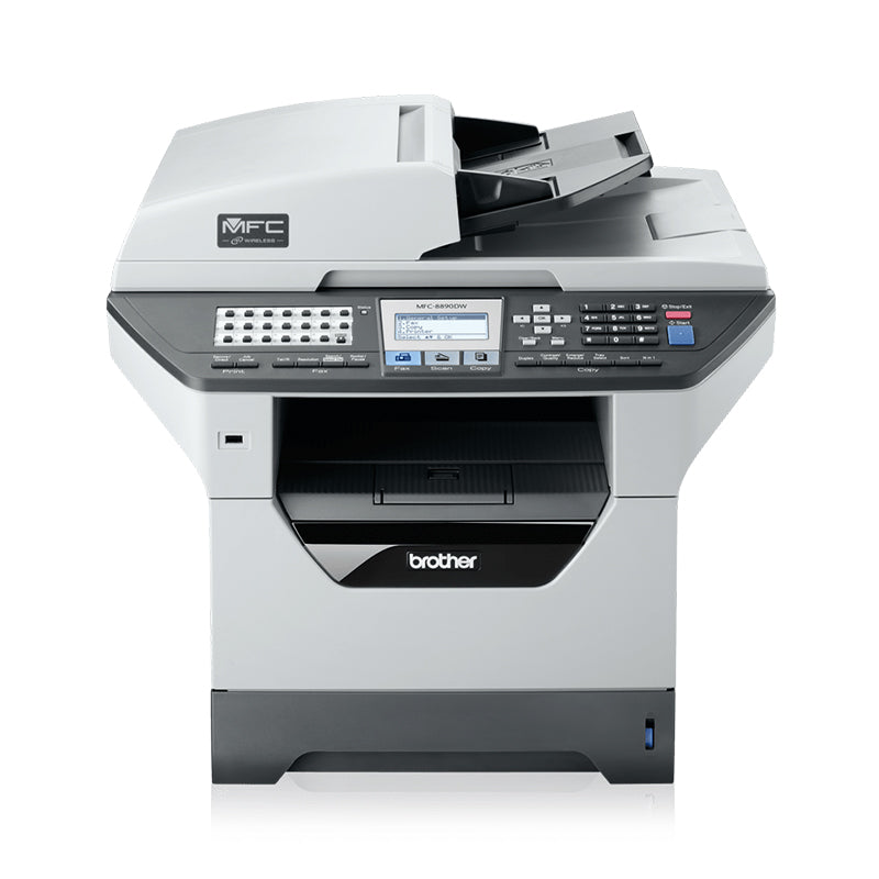 Brother MFC-8890DW multifunction laser printer for office use with print, copy, scan, and fax features, supports duplex printing.