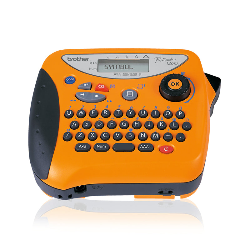 Brother PT-1260VP portable label printer with QWERTZ keyboard, ideal for home and office use with thermal transfer technology.
