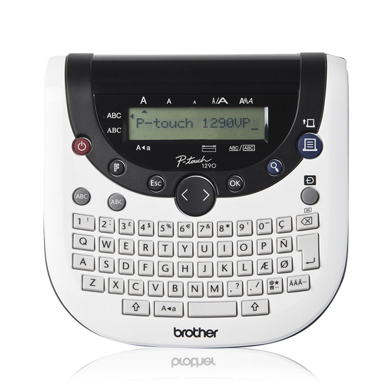Brother PT-1290DT label printer with keyboard and display, ideal for home and office use, featuring various fonts and symbols.