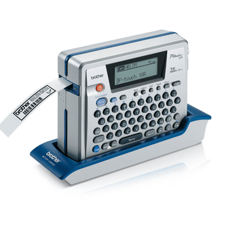 Brother PT-18R label printer showing printed label, ideal for office use with thermal transfer technology and customizable fonts.