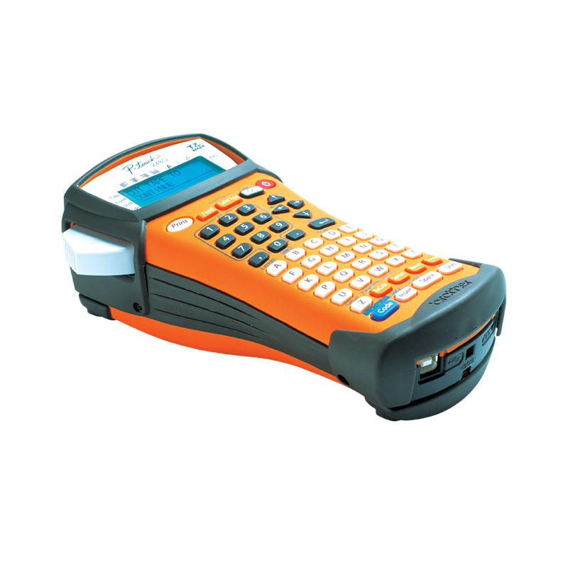 Brother PT-2480 professional label printer with orange design, ideal for tough environments, using thermal transfer technology.