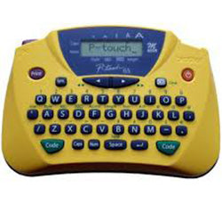Yellow Brother PT-65 label printer with built-in keyboard and LCD screen, ideal for home and office use.