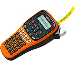 Portable Brother PT-E100VP label printer for electrical installations with automatic cutter and fast printing speed.