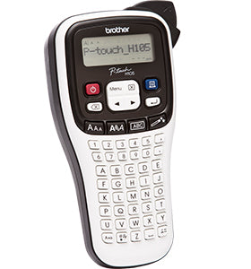 Brother PT-H105 handheld label printer with keyboard and LCD screen for home and office use.