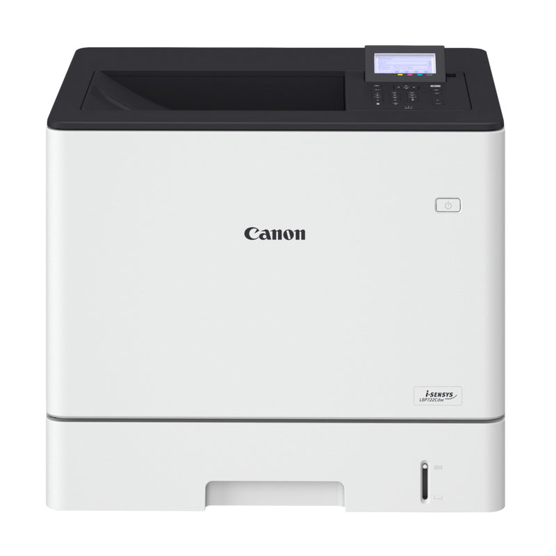 Front view of the Canon i-Sensys LBP-722CDW color laser printer, ideal for office use with high-speed printing and connectivity features.