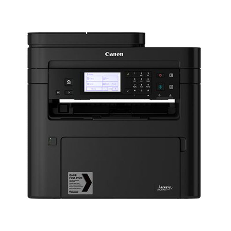 Front view of Canon i-Sensys MF-260 Series multifunction printer for small offices, featuring print, copy, scan, and fax capabilities.