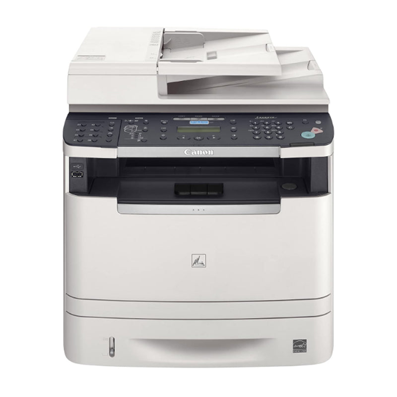 Canon i-SENSYS MF-5880DN multifunction laser printer with print, copy, scan, and fax features, displaying control panel and paper tray.