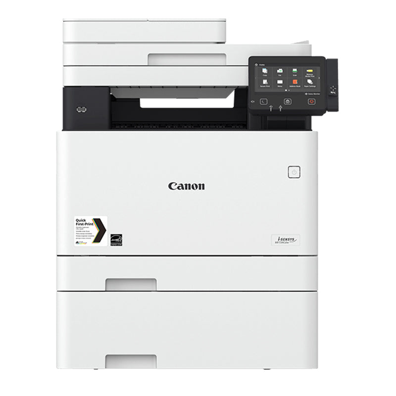 Canon i-Sensys MF-734CDW multifunction color laser printer with touchscreen display and duplex printing feature.