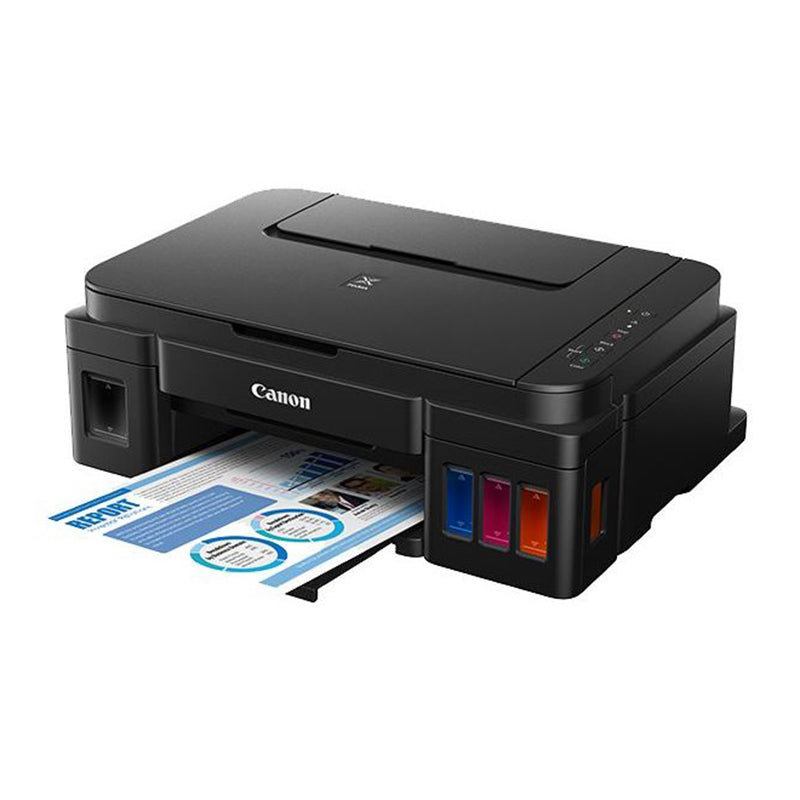 Canon Pixma G2501 multifunction printer with ink bottles, designed for high-volume printing, low-cost operation, and color document output.