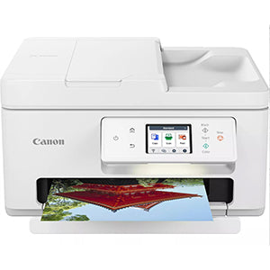 Canon Pixma TS7750i multifunction printer with touch display, printing a color photo.