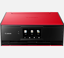 Front view of red Canon Pixma TS9155 multi-function inkjet printer with touchscreen display.