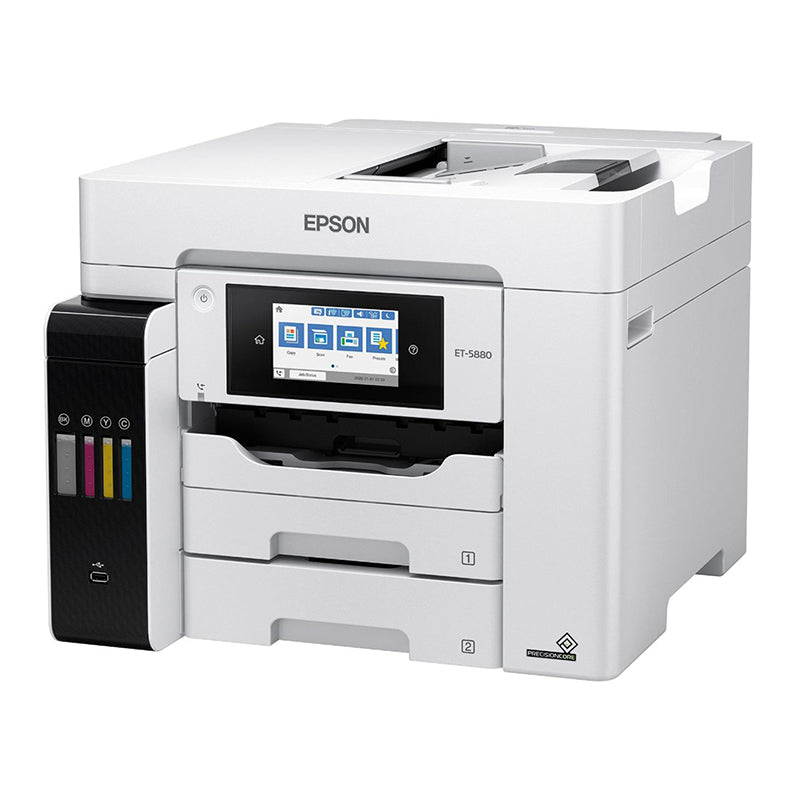 Epson EcoTank ET-5880 inkjet printer with 4.3-inch touchscreen, automatic duplex printing, and WiFi connectivity for office use.