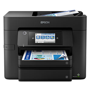 Epson WorkForce Pro WF-4830DTWF multifunction printer with duplex printing, two paper trays and touchscreen display.
