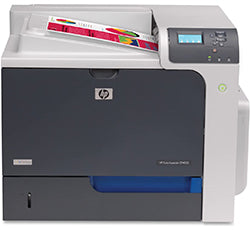 HP Color LaserJet CP4025 printer with high print speeds and professional quality ideal for workgroups, shown with control panel and output tray.