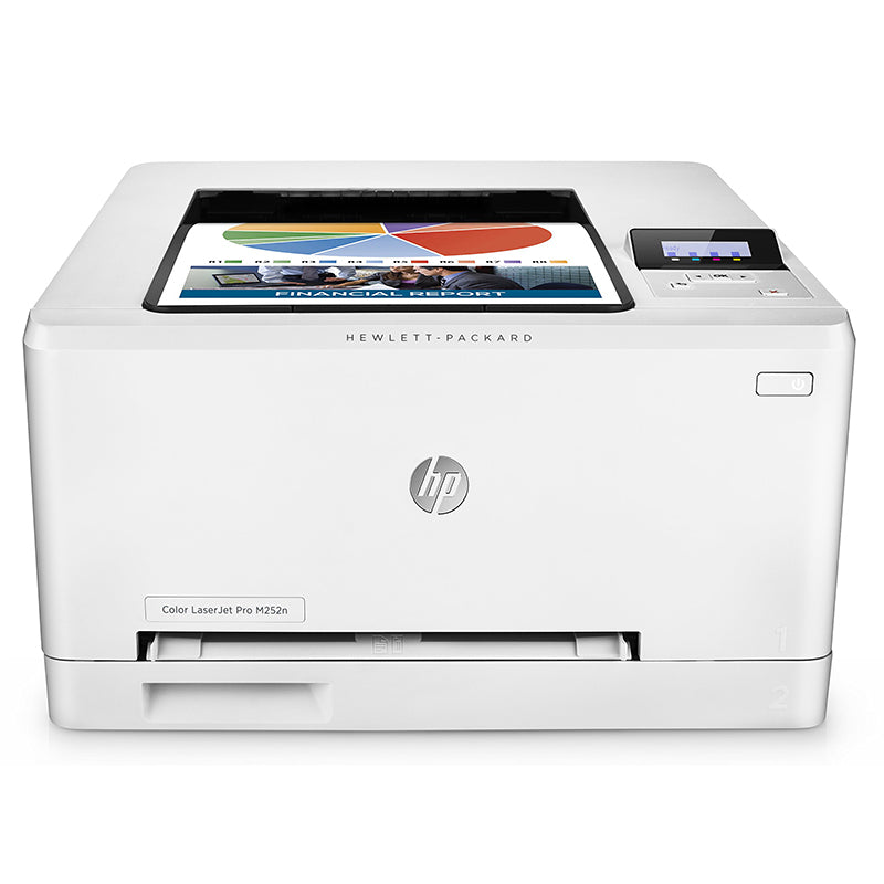 HP Color LaserJet Pro MFP M252n printer displaying a colorful chart. Ideal for small offices with 18 ppm speed and 150-sheet capacity.