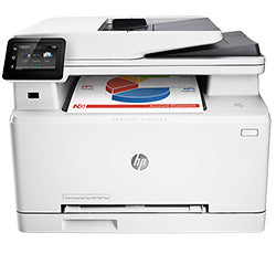 HP Color LaserJet Pro MFP M277dw multifunction printer with touchscreen and documents, compact design.
