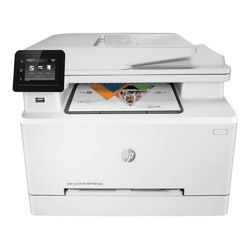 HP Color LaserJet Pro MFP M281cdw multifunction color laser printer with touchscreen and automatic duplex, ideal for small offices.