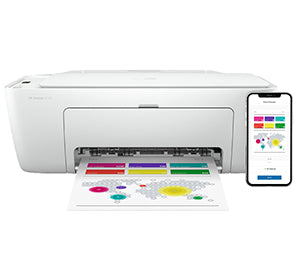 HP Deskjet 2700 multifunction printer with mobile phone interface displaying wireless printing capabilities.