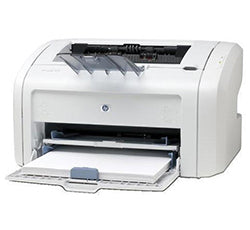 HP LaserJet 1018 monochrome laser printer, ideal for small offices, shown with open paper tray, 600x600 dpi resolution, USB 2.0.