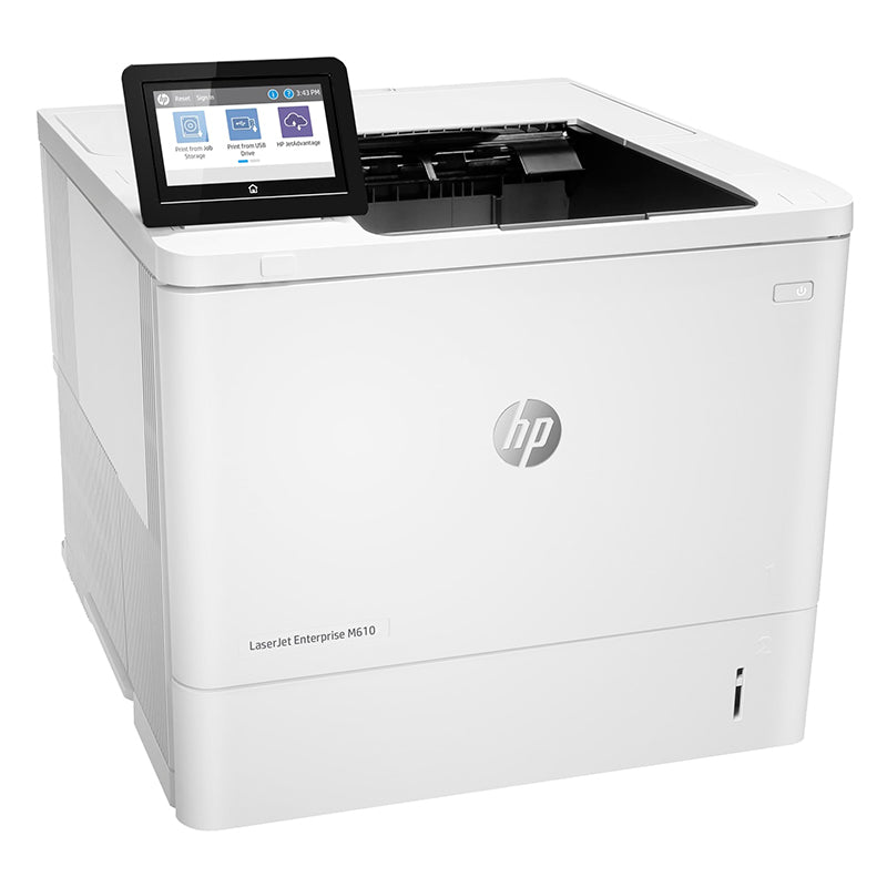 HP LaserJet Enterprise M610dn monochrome printer with touchscreen display, designed for high-volume office printing.