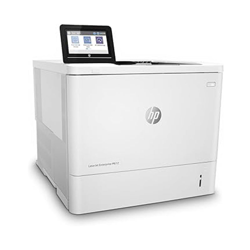 HP LaserJet Enterprise M612dn monochrome printer with touchscreen, designed for high-volume business printing, supports 75 ppm speed.