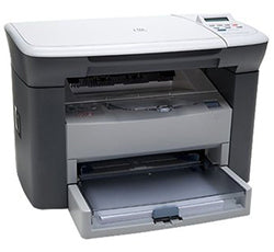 HP LaserJet M1005MFP multifunction printer with open paper tray, featuring print, copy, and scan capabilities.