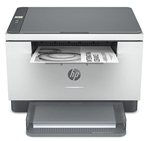 HP LaserJet MFP M234DWE compact black and white multifunction printer with paper output tray, ideal for small office and home use.
