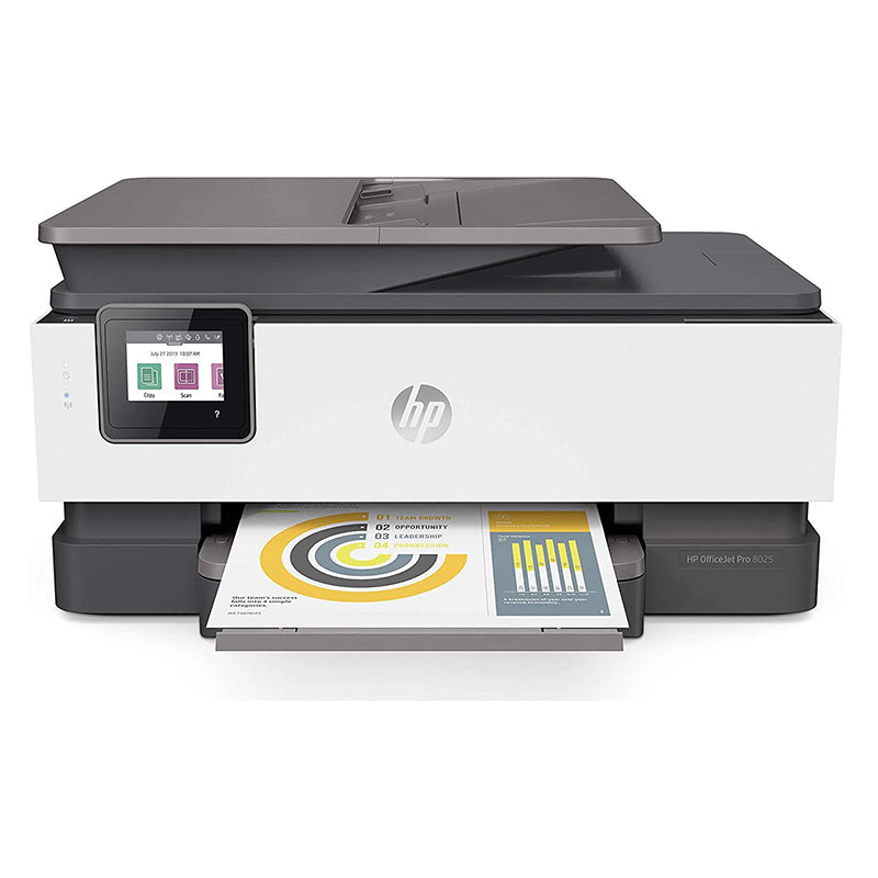 HP OfficeJet Pro 8025 All-in-One Inkjet Printer for small offices, showcasing front view with output tray and control panel display.