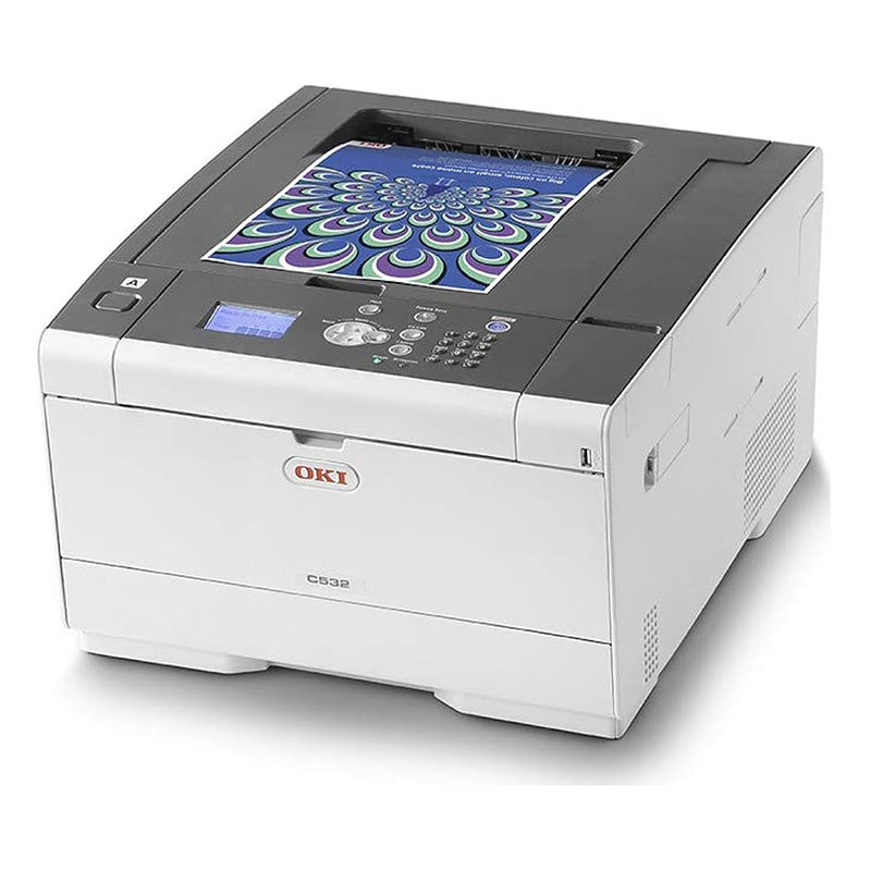 Oki C532 color laser printer with high-speed and duplex printing features, displaying vibrant print sample.