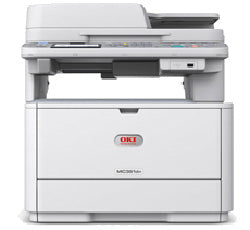 Oki MC361 multifunction color laser printer with copy, scan, fax features and duplex printing, offering compact efficiency.