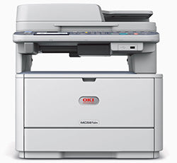 Oki MC561dn multifunction color laser printer, known for high-speed printing and versatile features, showcasing front view.