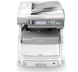 Oki MC861+ multifunction color printer with high-speed features including print, copy, scan, and fax capabilities.