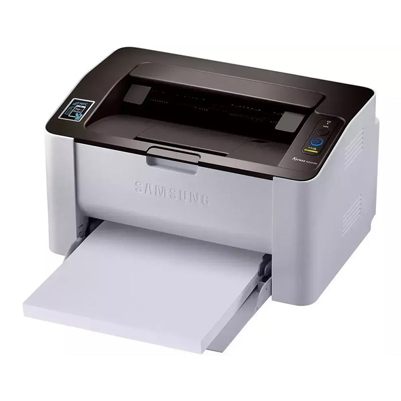 Samsung Xpress M2020 monochrome laser printer with open paper tray, ideal for small offices, featuring compact design and high-quality prints.