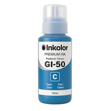 Cyan Inkolor Canon GI-50C compatible ink bottle, 70ml, for high-quality printing and cost efficiency in Canon printers.
