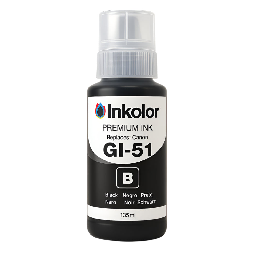 Inkolor premium black ink bottle replaces Canon GI-51, 135ml, for high-quality printing.