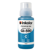 Canon GI-590C cyan ink bottle for refillable printers, offering high-quality prints and high page yield for office use.