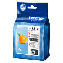 Tinteiros Brother LC-3211 Multipack em embalagem preta, ciano, magenta e amarela.