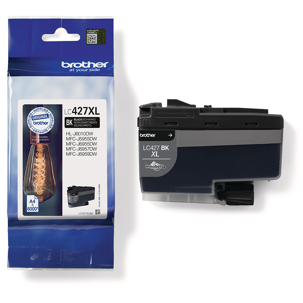 Tinteiro preto Brother LC-427XLBK, ideal para escritórios profissionais com elevados volumes de impressão, até 6.000 páginas, qualidade de impressão fiável.