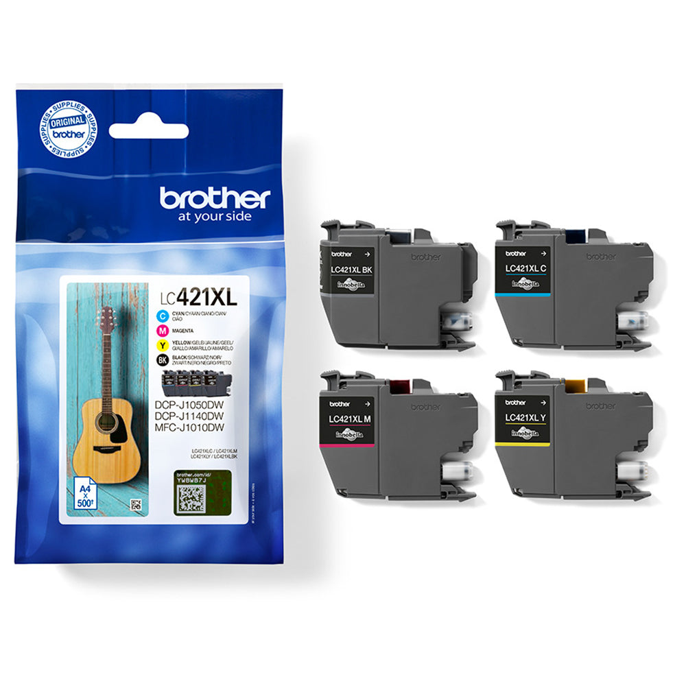 Brother LC-421XLVAL Multipack Tintenpatronen in Schwarz, Cyan, Magenta und Gelb für scharfe und lebendige Ausdrucke.