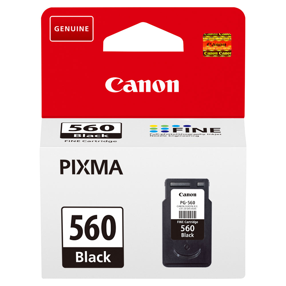 Embalagem da Tinteiro Preto Canon PG-560 para impressões de alta qualidade, ideal para utilização em casa e no escritório, com a norma ISO/IEC 24711.