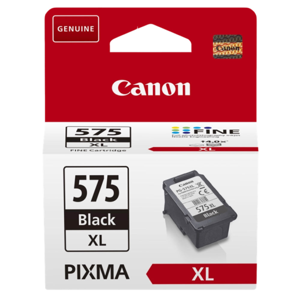 Canon PG-575XL Black Ink Cartridge packaging with FINE technology, ideal for high-quality, long-lasting print output.