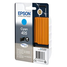 Epson 405 Cyan Tintenpatrone Verpackung, kompatibel mit verschiedenen Epson-Druckermodellen, hohe Seitenkapazität, lebendige Farben.
