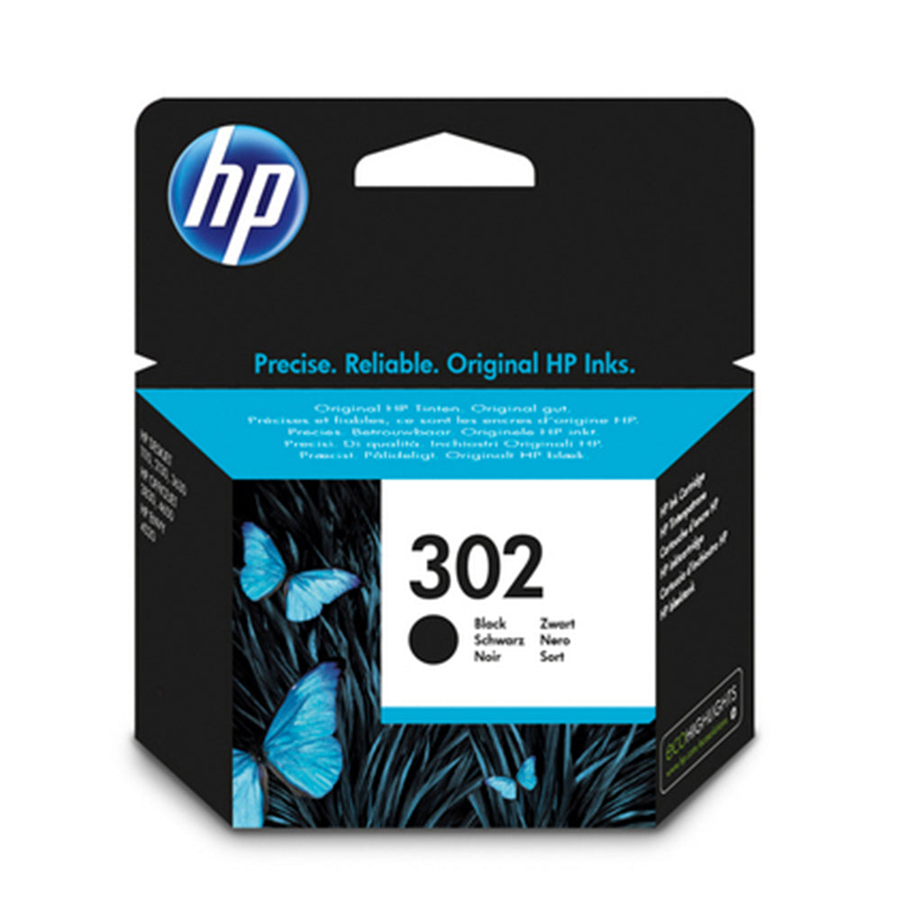 Embalagem do tinteiro preto HP 302 (F6U66AE), ideal para impressões de alta qualidade em impressoras HP com resultados nítidos e claros.