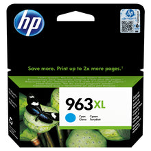 Embalagem do tinteiro HP 963XL Cyan com fundo de borboleta e lótus para uma impressão fiável e de alta qualidade.