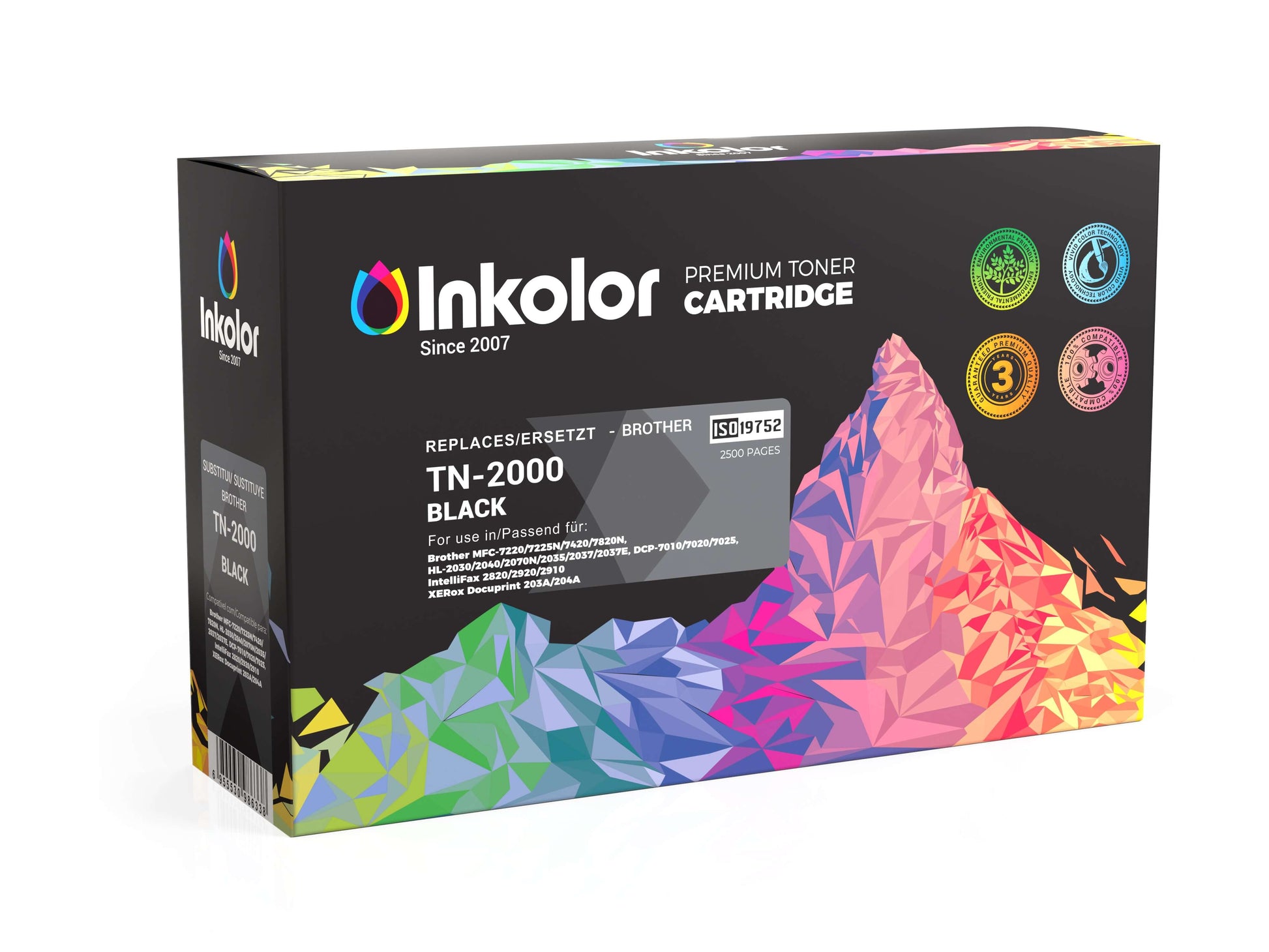 Caixa de cartuchos de toner preto compatíveis com Brother TN-2000 da Inkolor, solução de impressão de alta qualidade para uso doméstico e no escritório.
