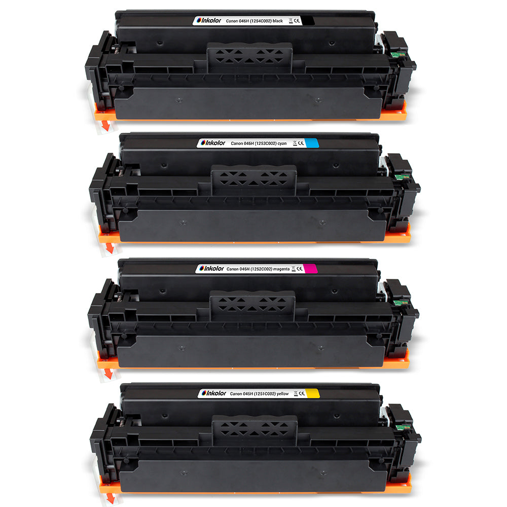 Conjunto de toner compatível Canon 046H Multipack com cartuchos preto, ciano, magenta e amarelo para impressão de alta qualidade.