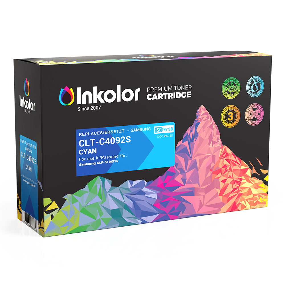 Cartucho de toner premium Inkolor para Samsung CLT-C4092S Cyan com design de embalagem vibrante, certificação ISO e detalhes de compatibilidade.