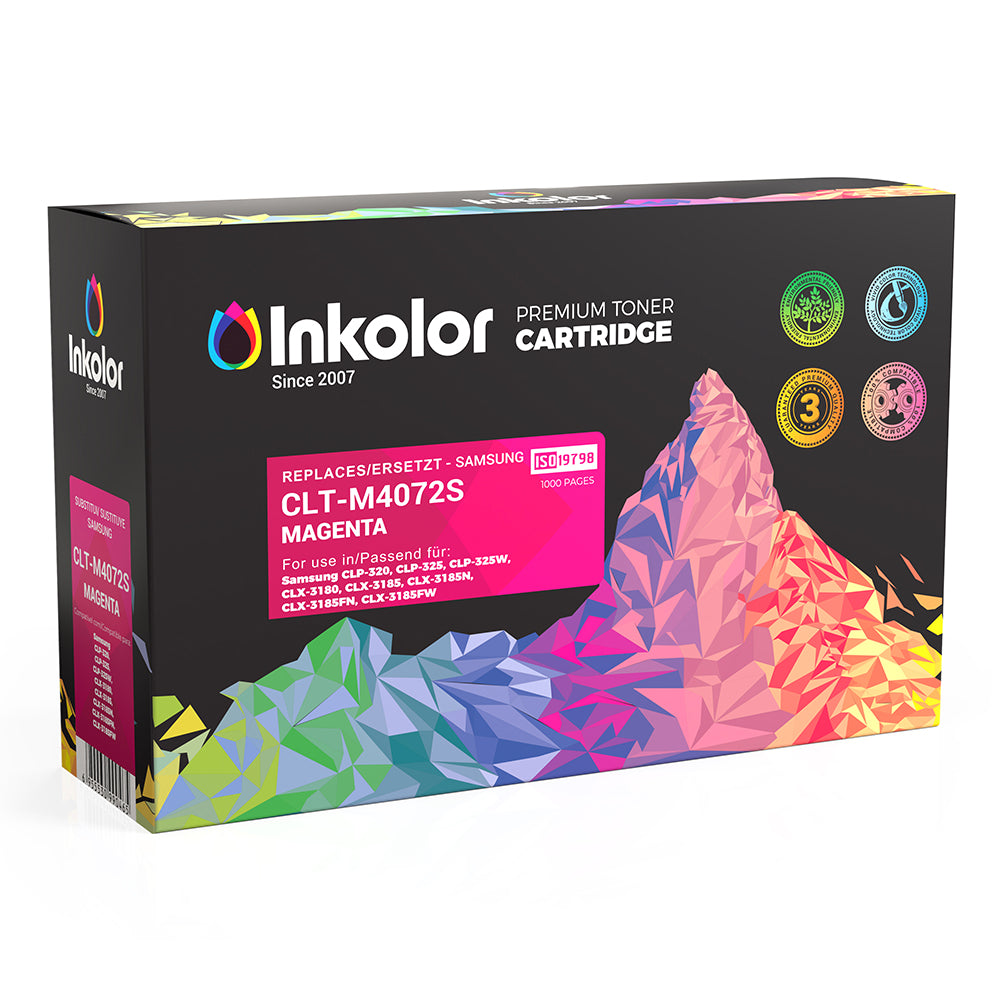 Caixa de cartuchos de toner magenta Samsung CLT-M4072S compatíveis para impressoras de jato de tinta, oferecendo impressões de alta qualidade para utilização no escritório e em casa.